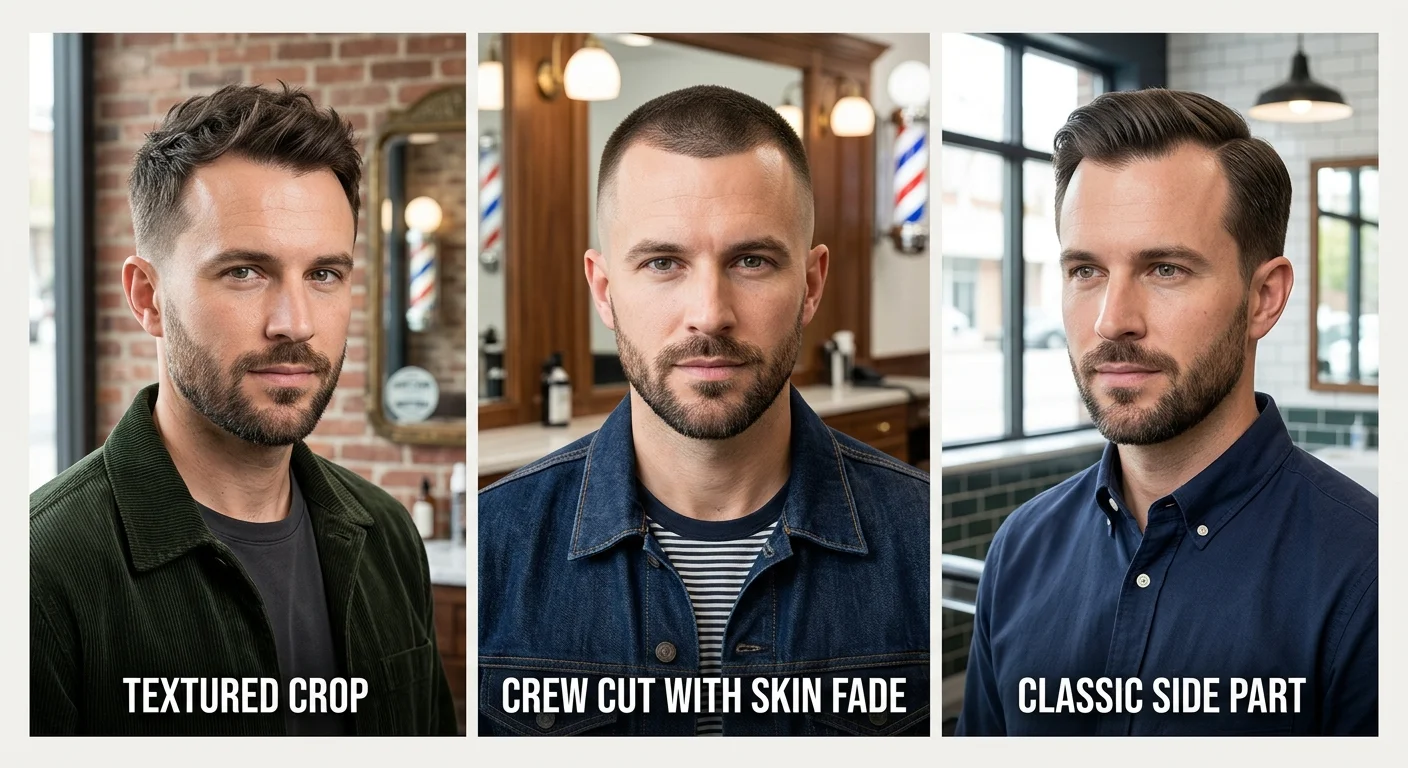 Three-panel image showing a man with an oval face shape wearing three different haircuts suited for a receding hairline: textured crop, crew cut with skin fade, and classic side part. Clean barbershop lighting, front and slight side angle, each panel labelled. Professional editorial photography.