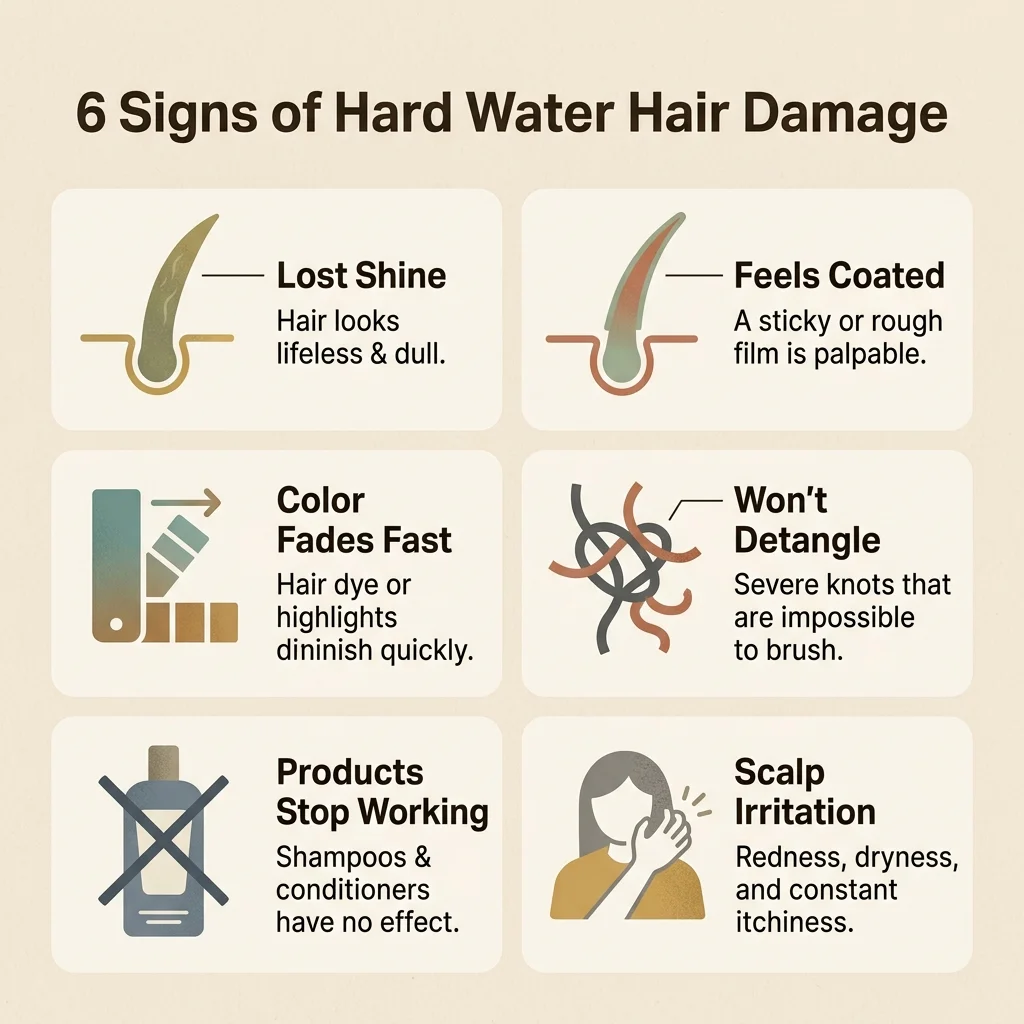 Visual checklist showing common signs of hard water hair damage including dullness, stiffness, and color fading