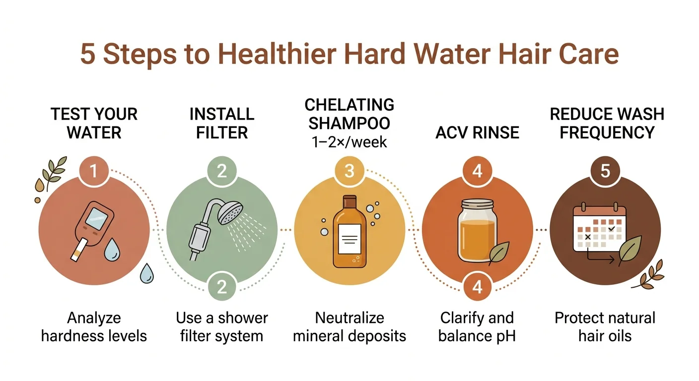 Step-by-step plan to fix hard water hair damage with chelating shampoo, shower filter, and ACV rinse