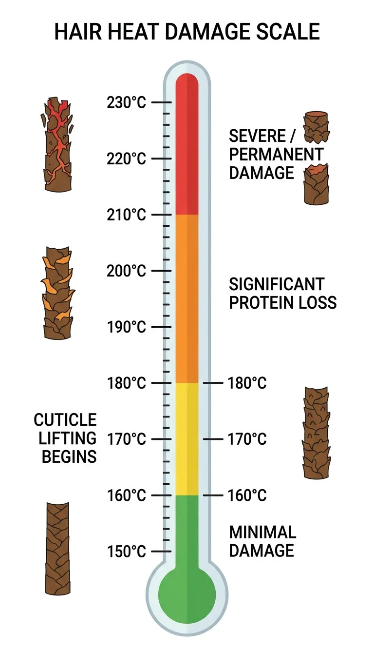 Temperature scale showing progression of heat damage to hair from 150°C to 210°C and above