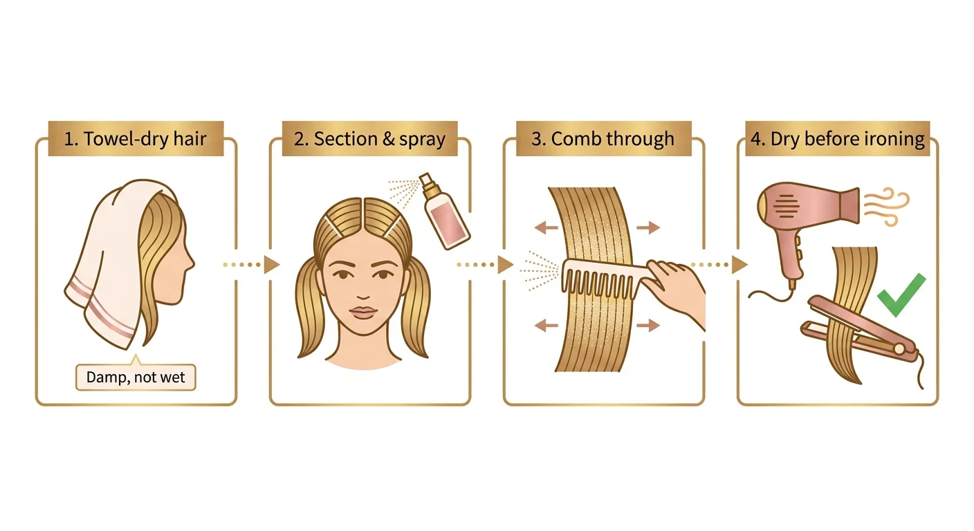 Step-by-step heat protectant application technique showing sectioning, spraying, combing, and drying