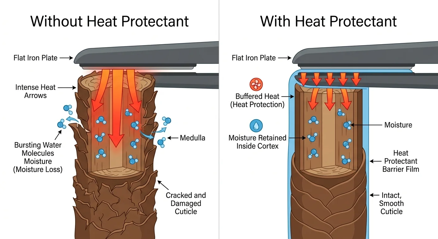 Diagram showing how heat protectant forms a thermal barrier between a flat iron and the hair cuticle