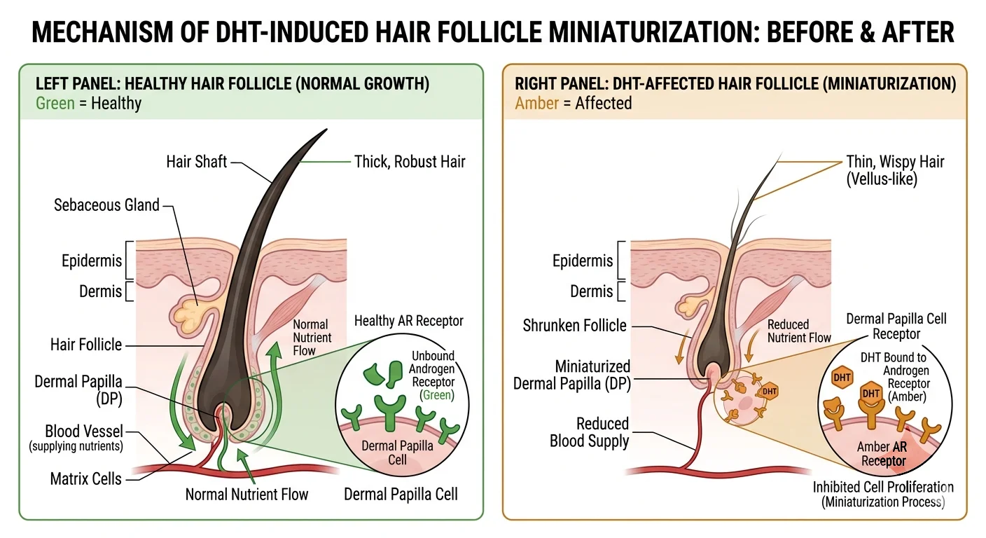 Clean medical illustration showing how DHT binds to a hair follicle receptor causing miniaturization — before and after comparison side by side. Left panel: healthy follicle producing thick hair. Right panel: DHT-affected follicle producing thinner, shorter hair. Medical diagram style, subtle colour coding (green for healthy, amber for affected). White background, clearly labelled.