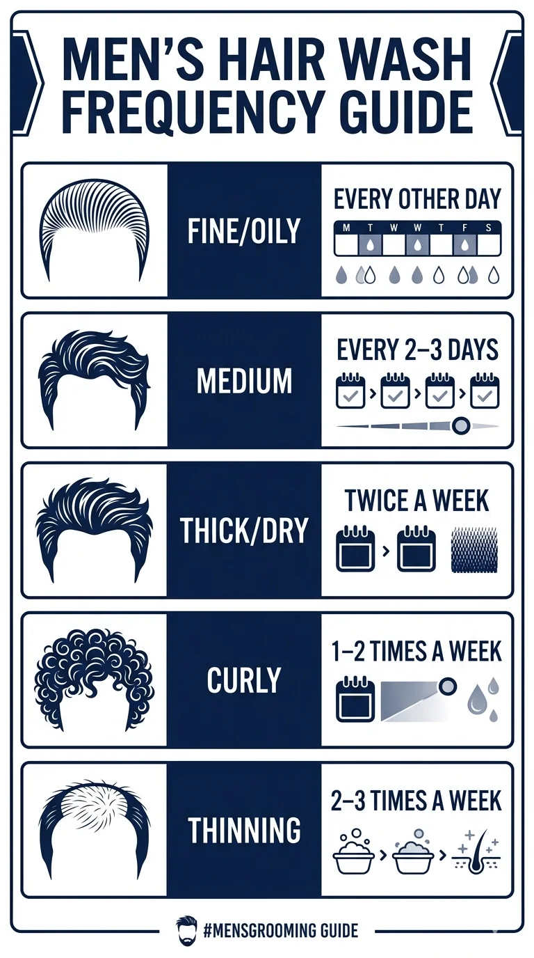 how often should men wash their hair
Clean vertical infographic showing wash frequency for 5 men's hair types. Each row has a hair type icon, the type name, and the recommended wash frequency. Fine/Oily: every other day. Medium: every 2–3 days. Thick/Dry: twice a week. Curly: 1–2 times a week. Thinning: 2–3 times a week. Navy blue and white, modern clean design, no photos.