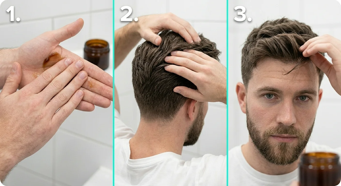 3-step instructional image. Step 1: hands rubbing product between palms (close-up). Step 2: hands working product through back of hair. Step 3: fingers styling the front/fringe. Clean bathroom setting, natural lighting, simple numbered labels. Professional instructional photography.