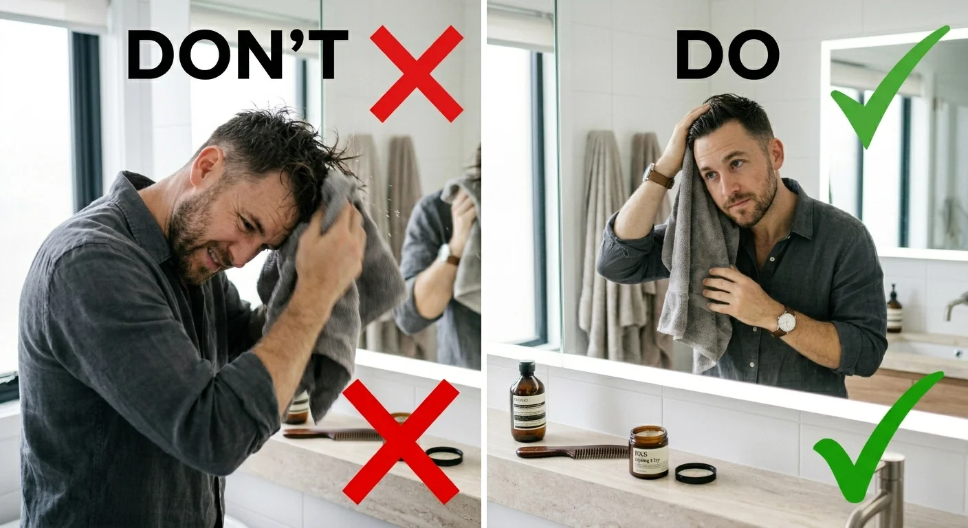 Split comparison image. Left side: man roughly rubbing hair with towel (red X overlay, labelled 'Don't'). Right side: man gently patting hair dry with towel (green check overlay, labelled 'Do'). Clean bathroom setting, natural lighting, educational style, clear visual contrast.