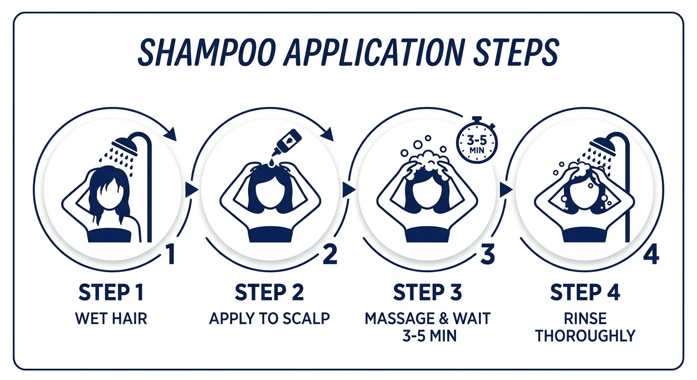 Step-by-step illustrated infographic showing correct shampoo application: Step 1 — wet hair; Step 2 — apply directly to scalp; Step 3 — massage and leave 3–5 minutes (timer icon); Step 4 — rinse thoroughly. Clean infographic style, navy blue and white colour scheme, simple icons for each step, no text other than step labels.