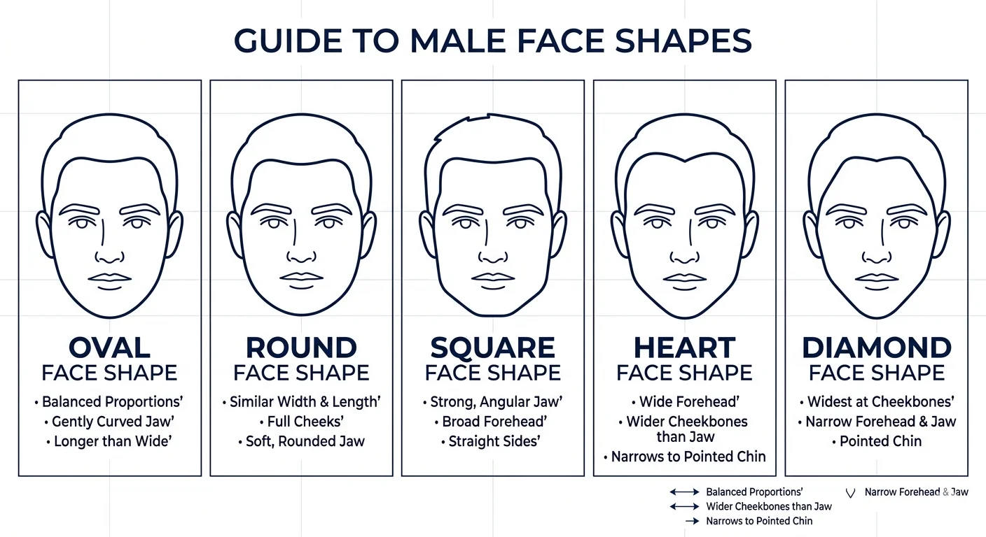 Clean, minimal infographic showing 5 male face shape outlines side by side — oval, round, square, heart, diamond. Each shape clearly labelled underneath with key features noted (e.g. 'wider cheekbones', 'strong jaw'). Simple line illustration style, navy blue outlines on white background, professional diagram feel.