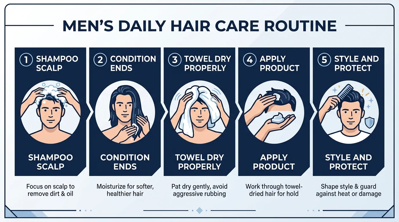 Hair Care Routine for Men: Clean horizontal infographic showing 5 numbered steps of a men's daily hair care routine: (1) Shampoo scalp, (2) Condition ends, (3) Towel dry properly, (4) Apply product, (5) Style and protect. Each step has a simple icon. Navy blue and white colour scheme, modern sans-serif font, professional lifestyle design. No photos, icons only.