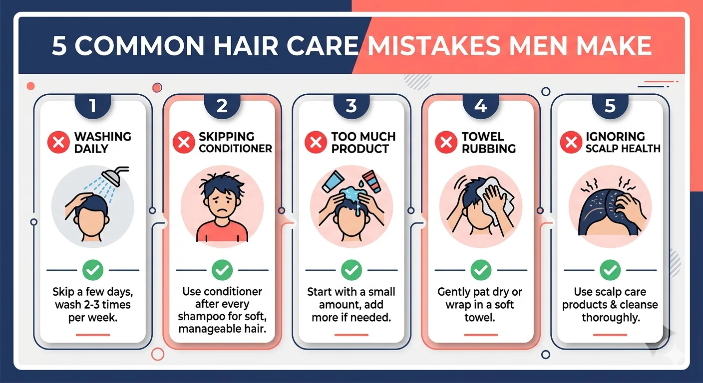 Clean infographic showing 5 common hair care mistakes men make, each with a red X icon: (1) Washing daily, (2) Skipping conditioner, (3) Too much product, (4) Towel rubbing, (5) Ignoring scalp health. Below each mistake, a brief green-check correction. Navy blue and coral colour scheme, modern clean design, no photos.