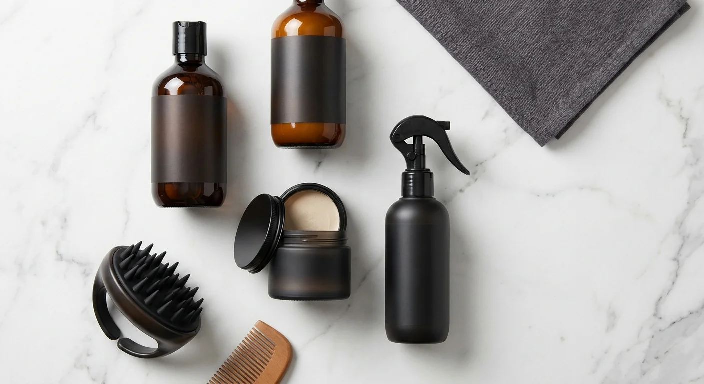 Overhead flat lay of essential men's hair care products arranged on a clean white marble surface: sulfate-free shampoo, conditioner, matte clay, sea salt spray, and a scalp brush. Generic unlabelled containers in dark, masculine packaging. Minimalist aesthetic, soft studio lighting, no brand names visible.