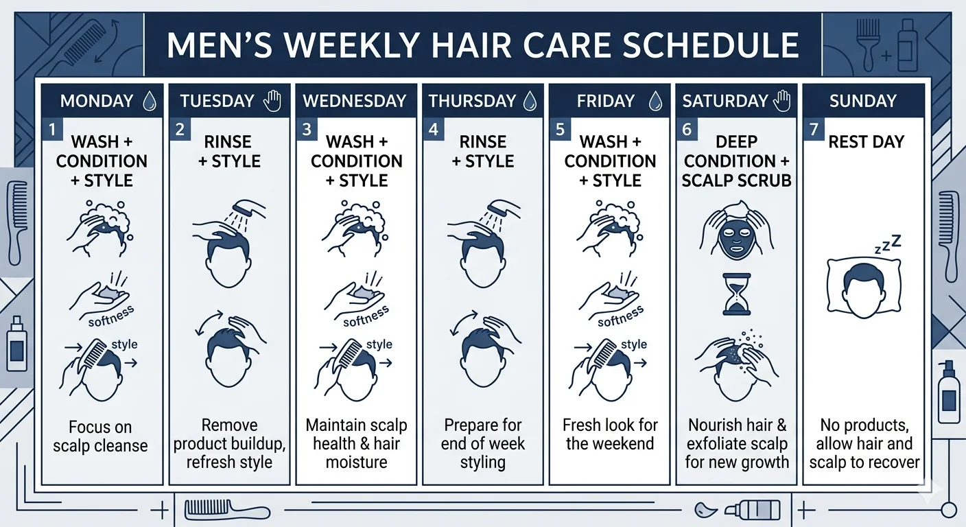 Clean weekly calendar infographic showing a sample men's hair care schedule. Monday: wash + condition + style. Tuesday: rinse + style. Wednesday: wash + condition + style. Thursday: rinse + style. Friday: wash + condition + style. Saturday: deep condition + scalp scrub. Sunday: rest day. Navy blue and white, minimalist calendar grid layout, easy to save and follow.