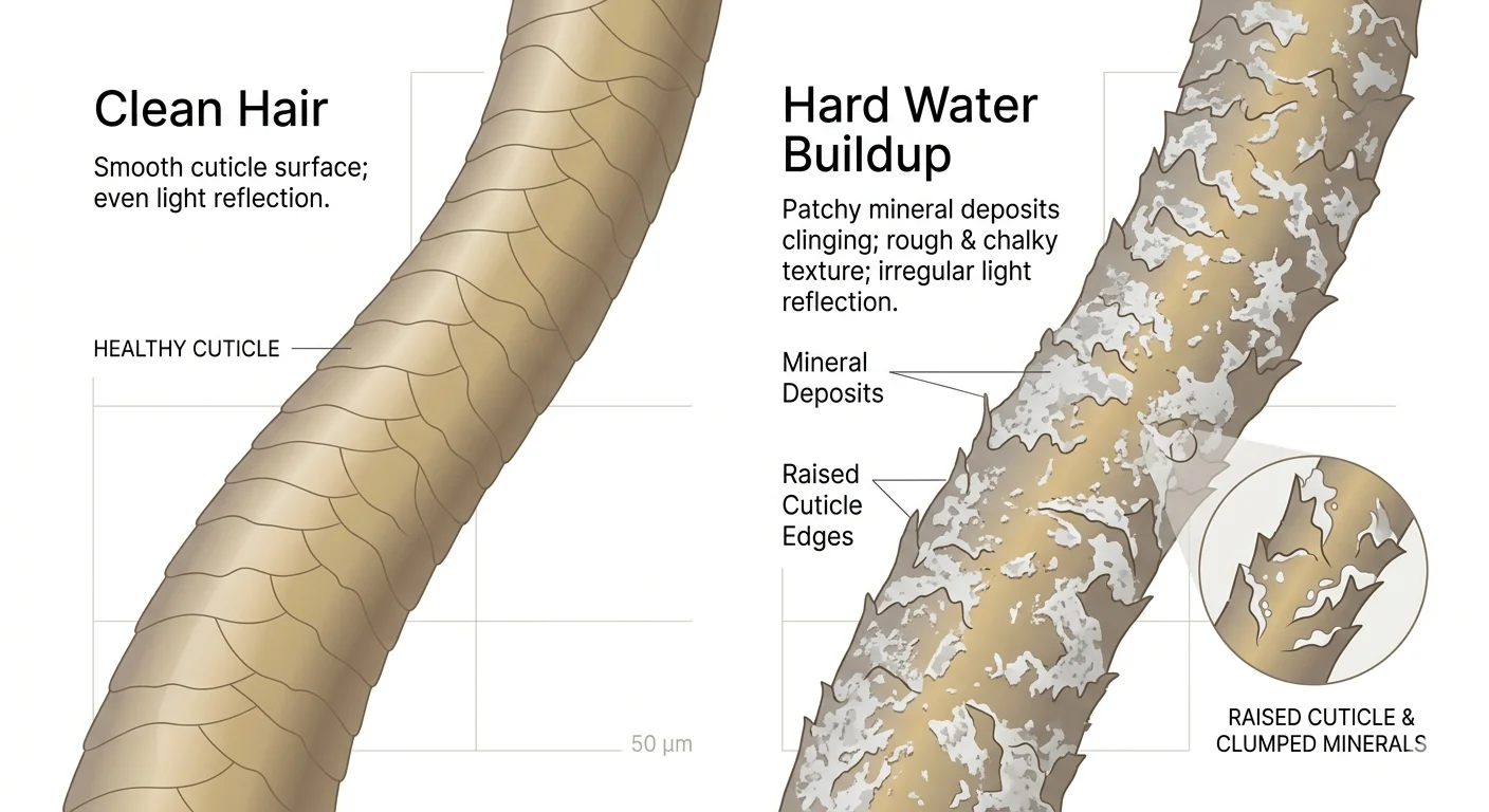 Microscopic view showing mineral deposits from hard water on a hair shaft surface