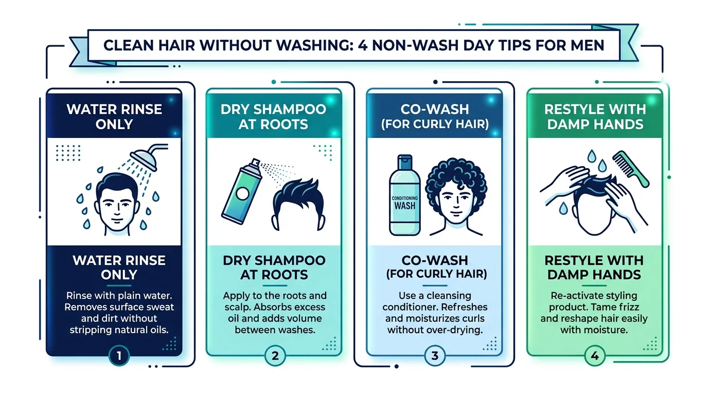 Clean infographic showing 4 non-wash day tips for men: (1) Water rinse icon, (2) Dry shampoo at roots icon, (3) Co-wash for curly hair icon, (4) Restyle with damp hands icon. Simple icons on a clean white background, navy blue and teal accents, easy to scan and save.