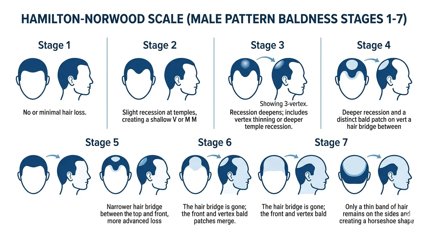 Clean medical diagram of Norwood Scale stages 1-7, labeled clearly, professional illustration style. Minimalist aesthetic on a white background.