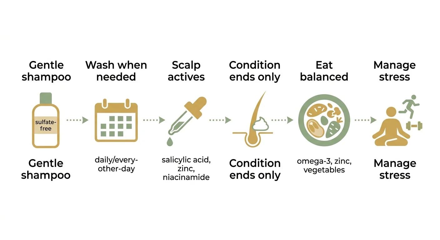 Step-by-step routine for managing oily hair including gentle shampoo, scalp ingredients, diet, and stress management