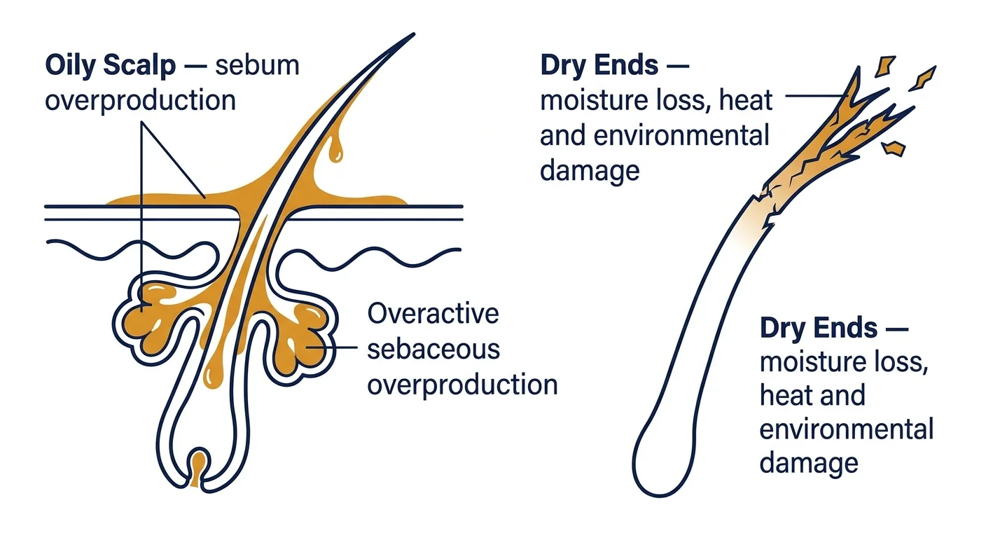 Clean medical illustration showing a cross-section of a hair follicle on the left with sebaceous glands overproducing oil (labelled 'Oily Scalp — sebum overproduction'). On the right, the same hair strand showing dry, frayed ends (labelled 'Dry Ends — moisture loss, heat and environmental damage'). Simple diagram style, navy blue and amber colour coding, white background.