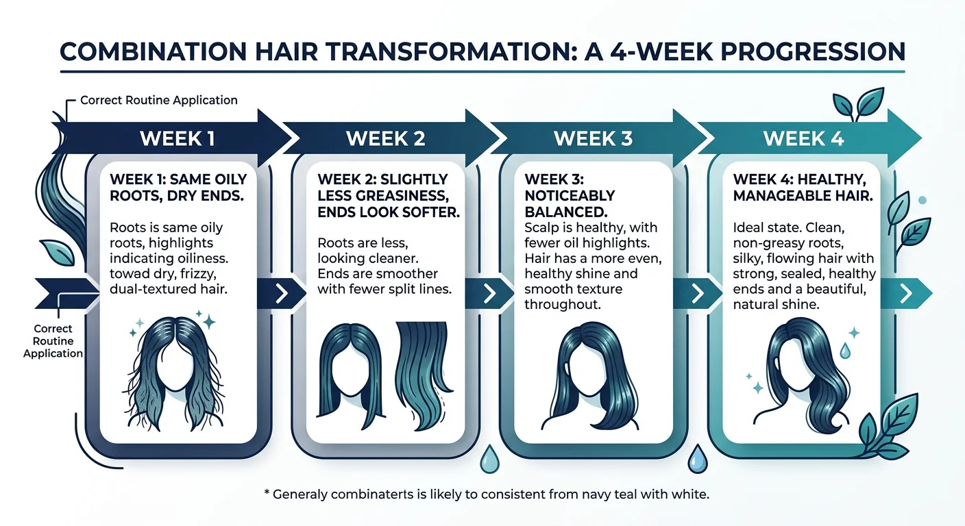 Clean timeline infographic showing hair improvement over 4 weeks with correct combination hair routine. Week 1: same oily roots, dry ends. Week 2: slightly less greasiness, ends look softer. Week 3: noticeably balanced. Week 4: healthy, manageable hair. Simple horizontal timeline, navy and teal, honest and not exaggerated.