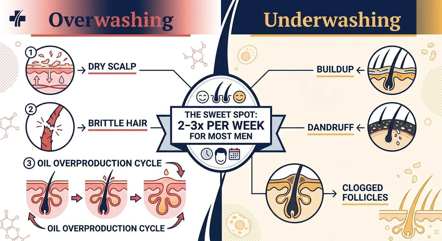 Split comparison infographic. Left side: 'Overwashing' with icons showing dry scalp, brittle hair, oil overproduction cycle (red tones). Right side: 'Underwashing' with icons showing buildup, dandruff, clogged follicles (amber tones). Centre divider: 'The Sweet Spot: 2–3x per week for most men'. Clean medical diagram style, navy/red/amber colours.