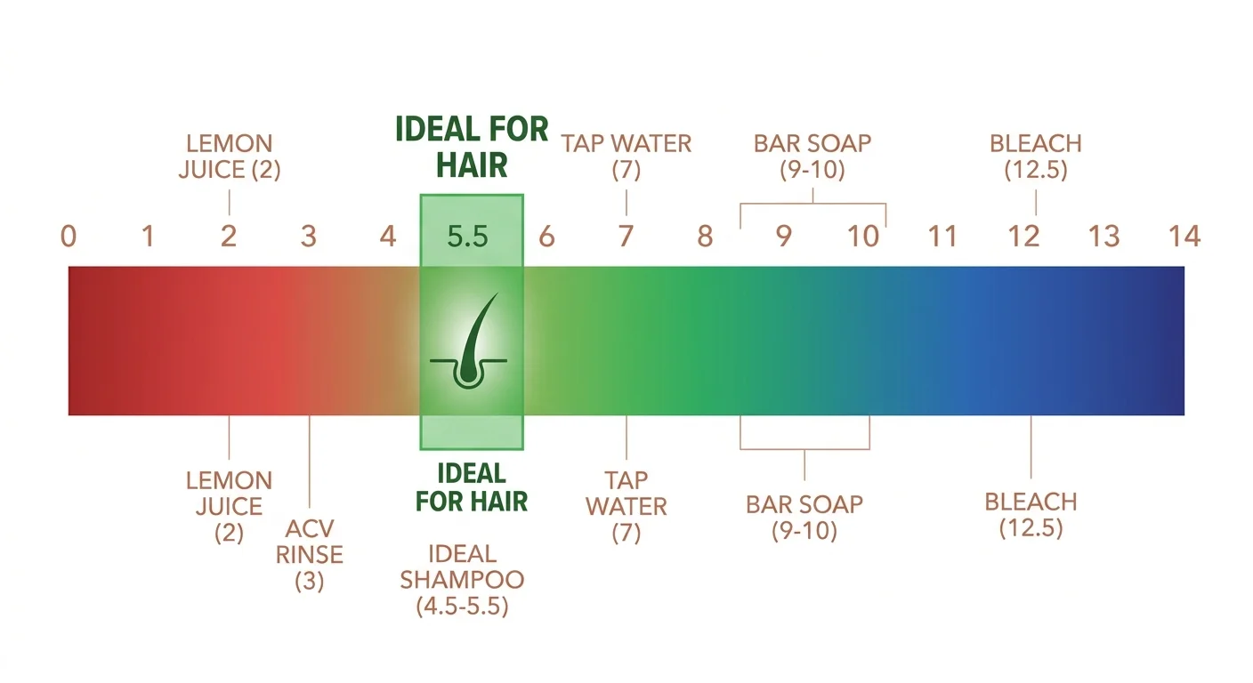 pH scale showing the ideal shampoo pH range for hair health between 4.5 and 5.5