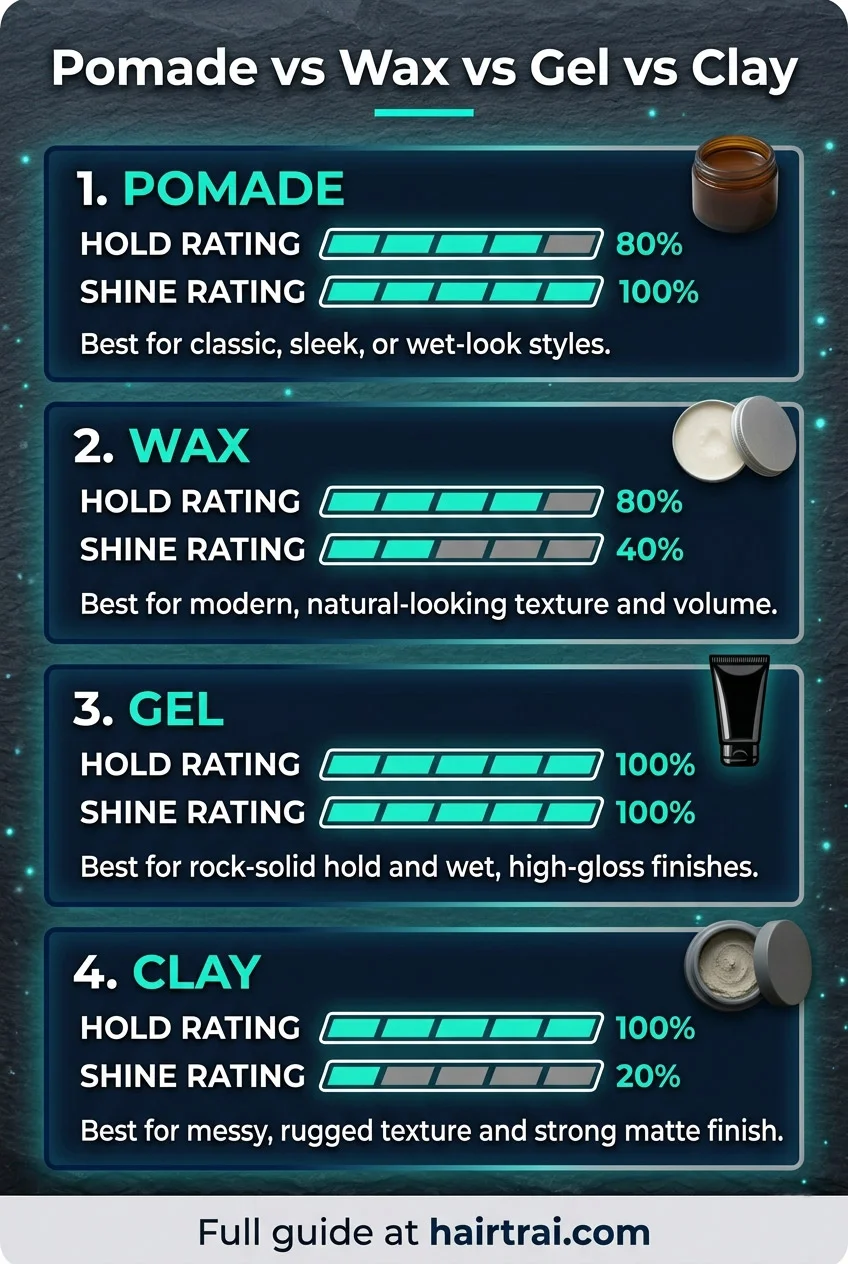 Pinterest pin — pomade vs wax vs gel vs clay comparison guide for men