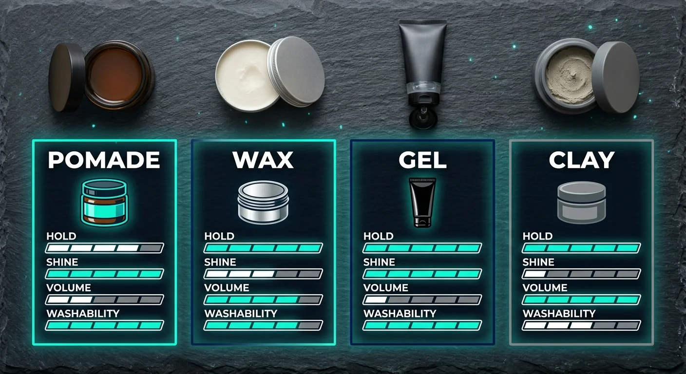 Clean 4-column infographic comparing pomade, wax, gel, and clay. Each column has the product name at top, a small product icon, then 4 rating bars for: Hold, Shine, Volume, and Washability. Navy blue, white, and teal colour scheme, modern clean design, easy to scan.