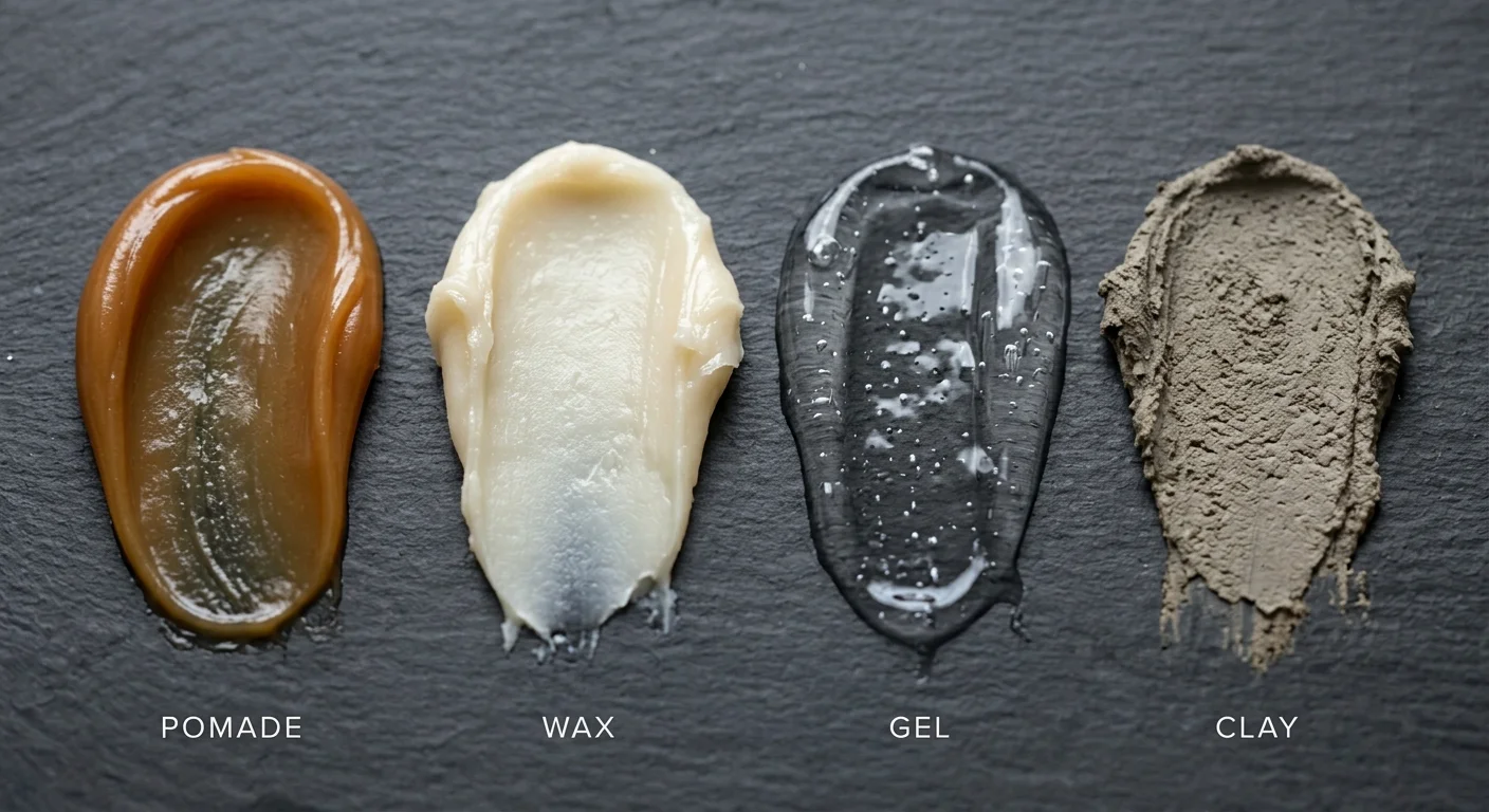 Close-up macro photography of four product textures side by side on a clean surface. From left: smooth creamy pomade, thick waxy wax, clear wet gel, gritty matte clay. Each swatch is labelled. Clean white background, studio macro lighting, showing the visual and textural difference between the four products.