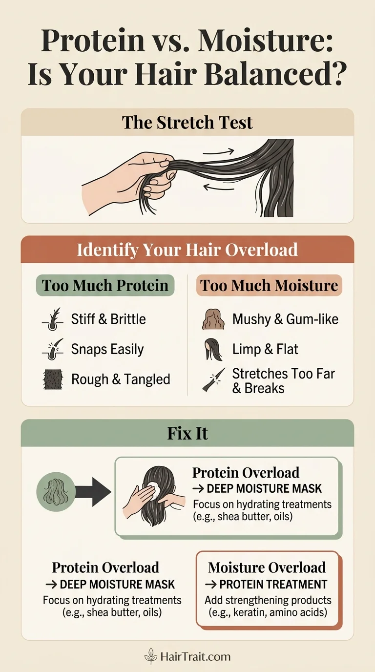 Protein moisture balance Pinterest guide — signs of overload, the stretch test, and how to fix each