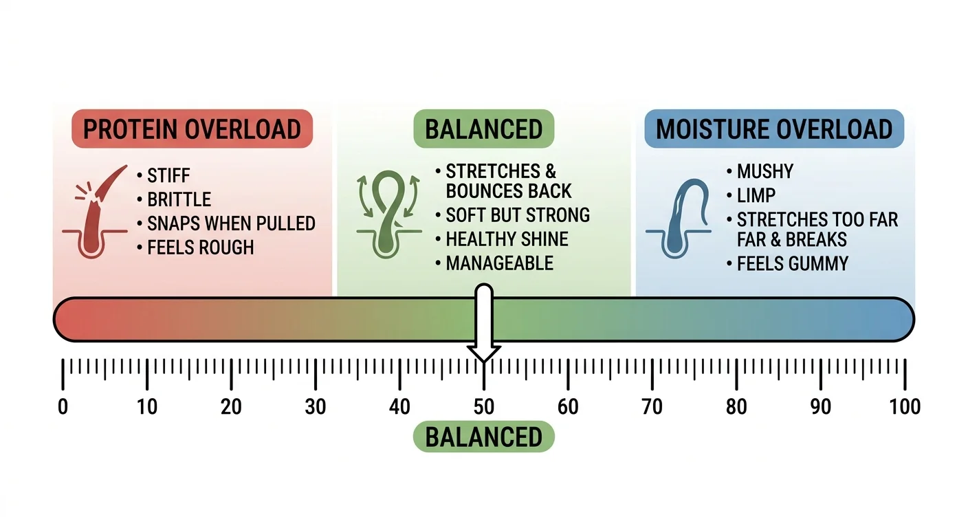 Diagram showing the protein moisture balance scale from protein overload to balanced to moisture overload