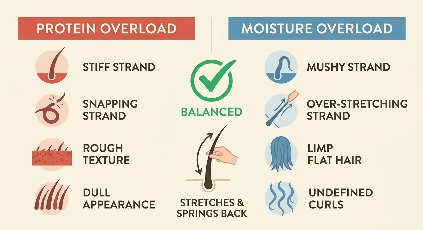 Side-by-side comparison of protein overload symptoms versus moisture overload symptoms in hair