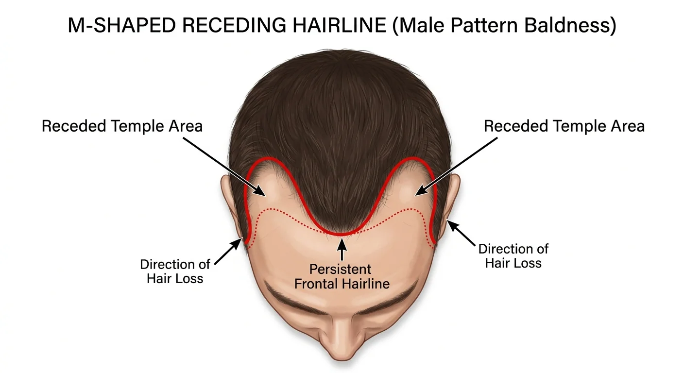 Diagram showing M-shaped receding hairline pattern on male head — signs of balding