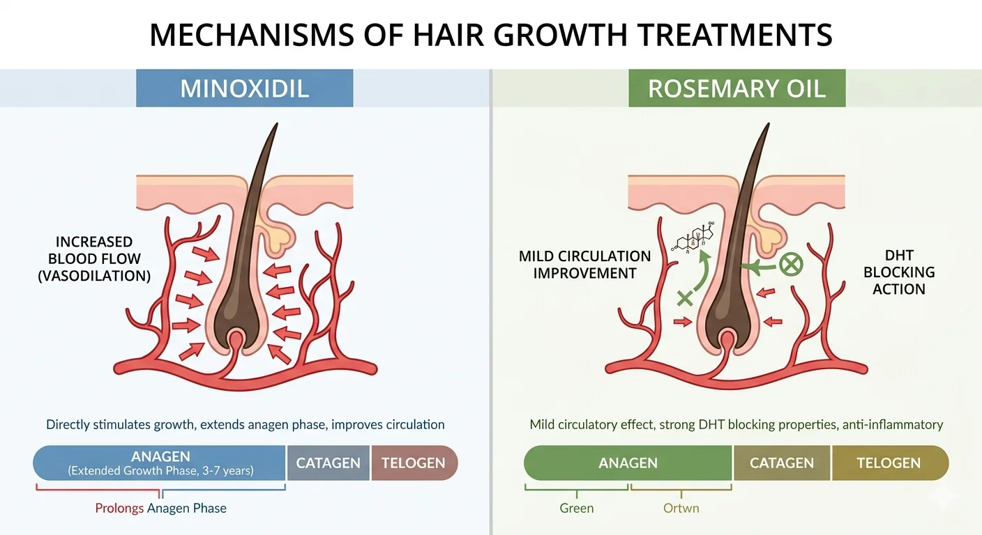 Diagram comparing how rosemary oil and minoxidil promote hair growth through different biological mechanisms
