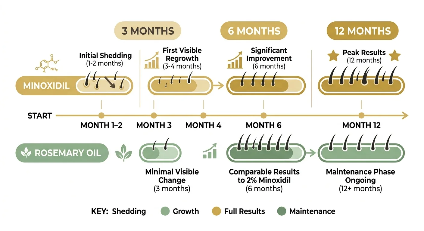 Timeline showing expected results for rosemary oil vs minoxidil at 3, 6, and 12 months