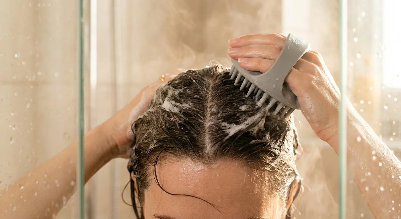 Scalp buildup — close-up of scalp with visible residue at the hair part line