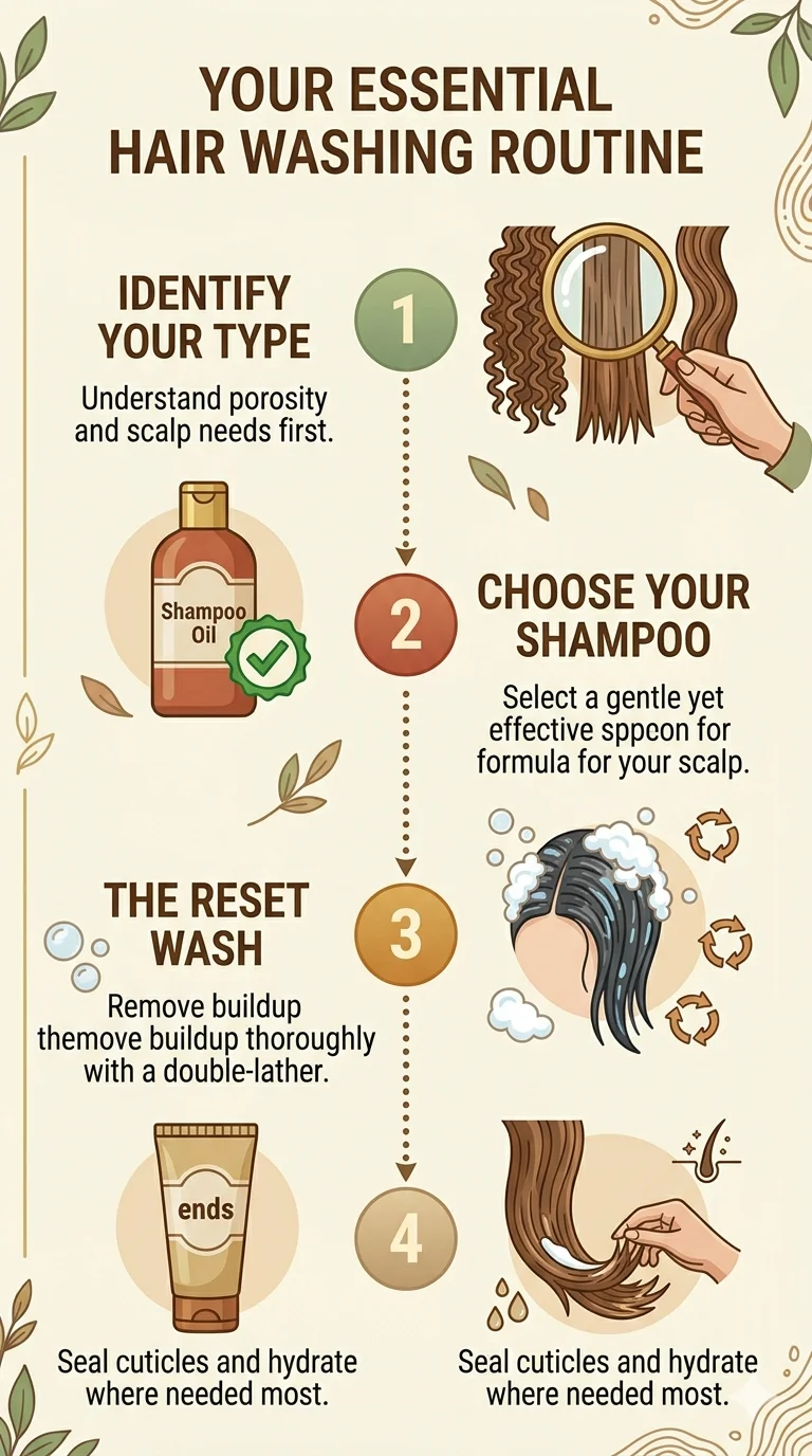 Step-by-step scalp buildup removal plan from identifying the type to the reset wash