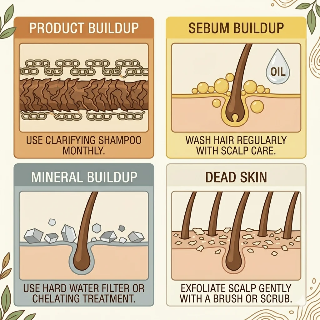 Infographic showing the four types of scalp buildup — product, sebum, mineral, and dead skin