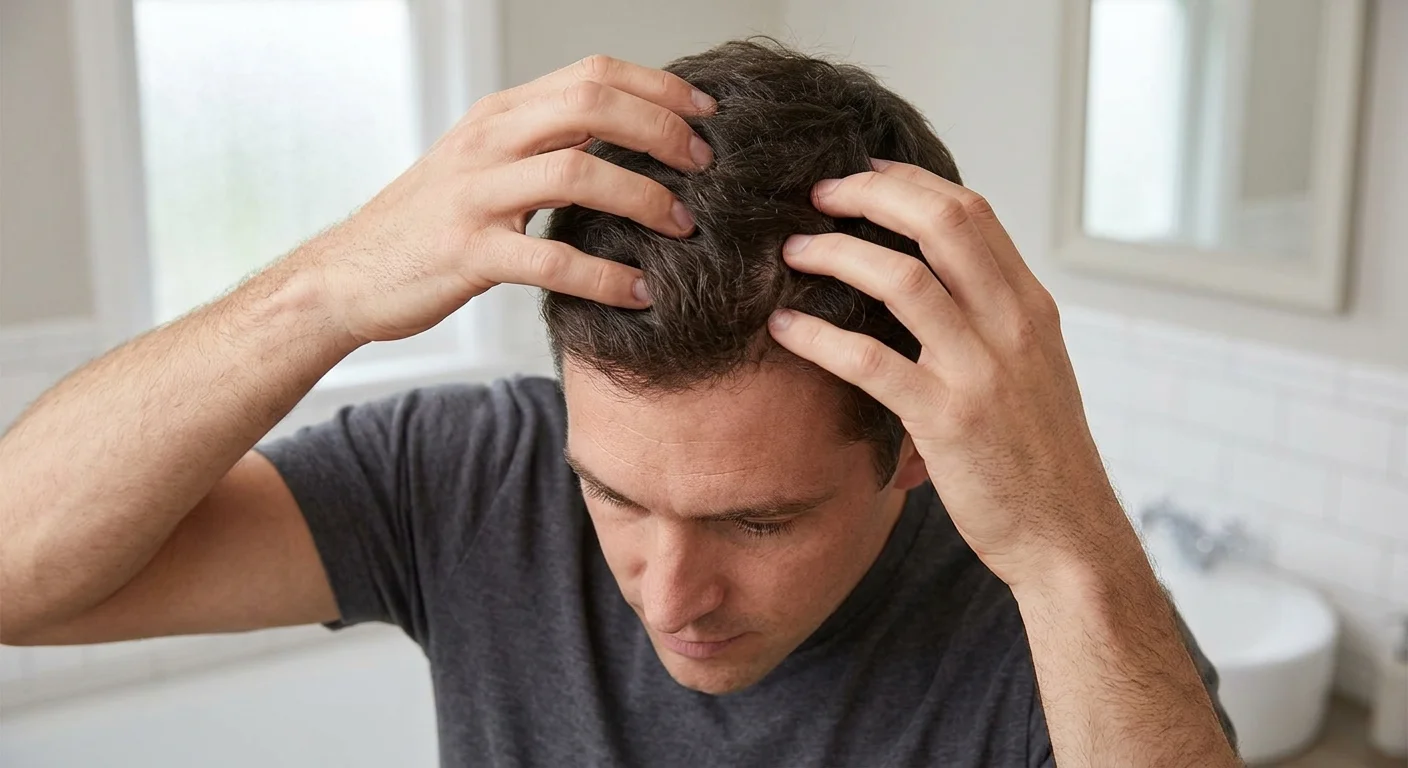 Close-up of a man's hands performing a scalp massage on his own head. Fingertips pressing into the scalp in circular motions. Clean, natural lighting, bathroom or neutral background. Simple instructional photography style, showing the technique clearly.