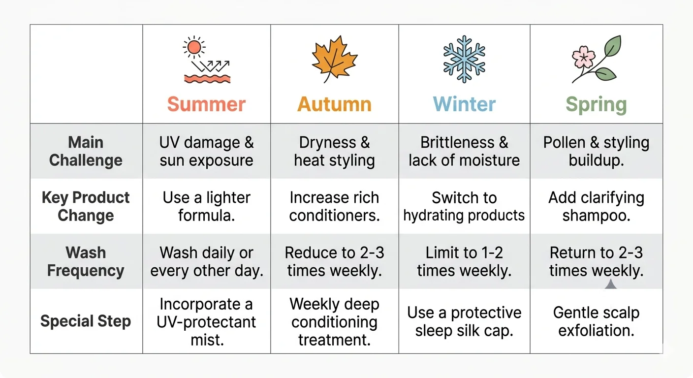 Seasonal hair care quick reference chart — summer autumn winter spring routine adjustments side by side