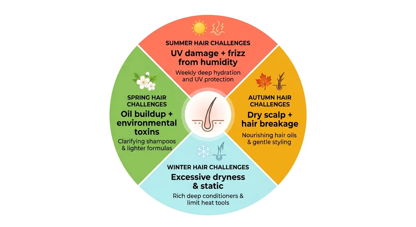 Seasonal hair care cycle infographic — circular diagram showing summer autumn winter spring hair challenges and adjustments