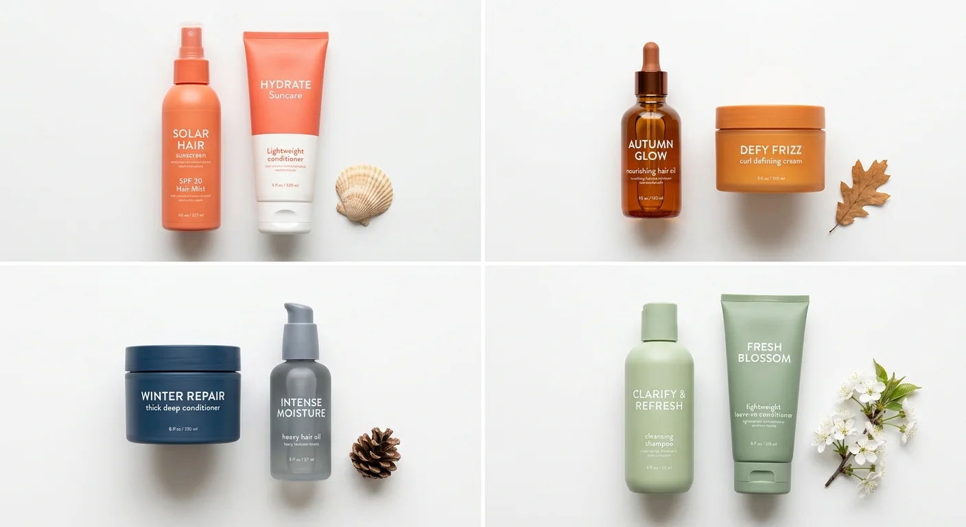 Seasonal hair care guide — four seasonal flat lays showing different hair products for summer autumn winter spring