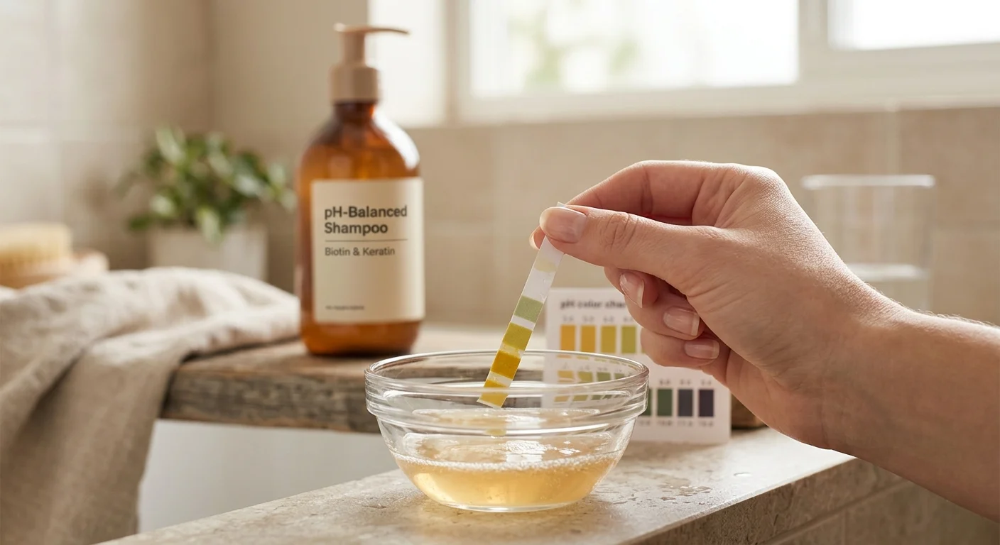 Shampoo pH testing — pH strip dipped in shampoo solution showing acidic reading