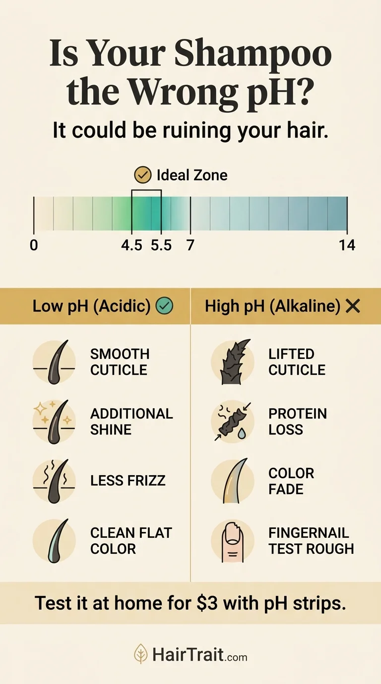 Shampoo pH Pinterest guide — ideal range, what happens at wrong pH, and how to test at home