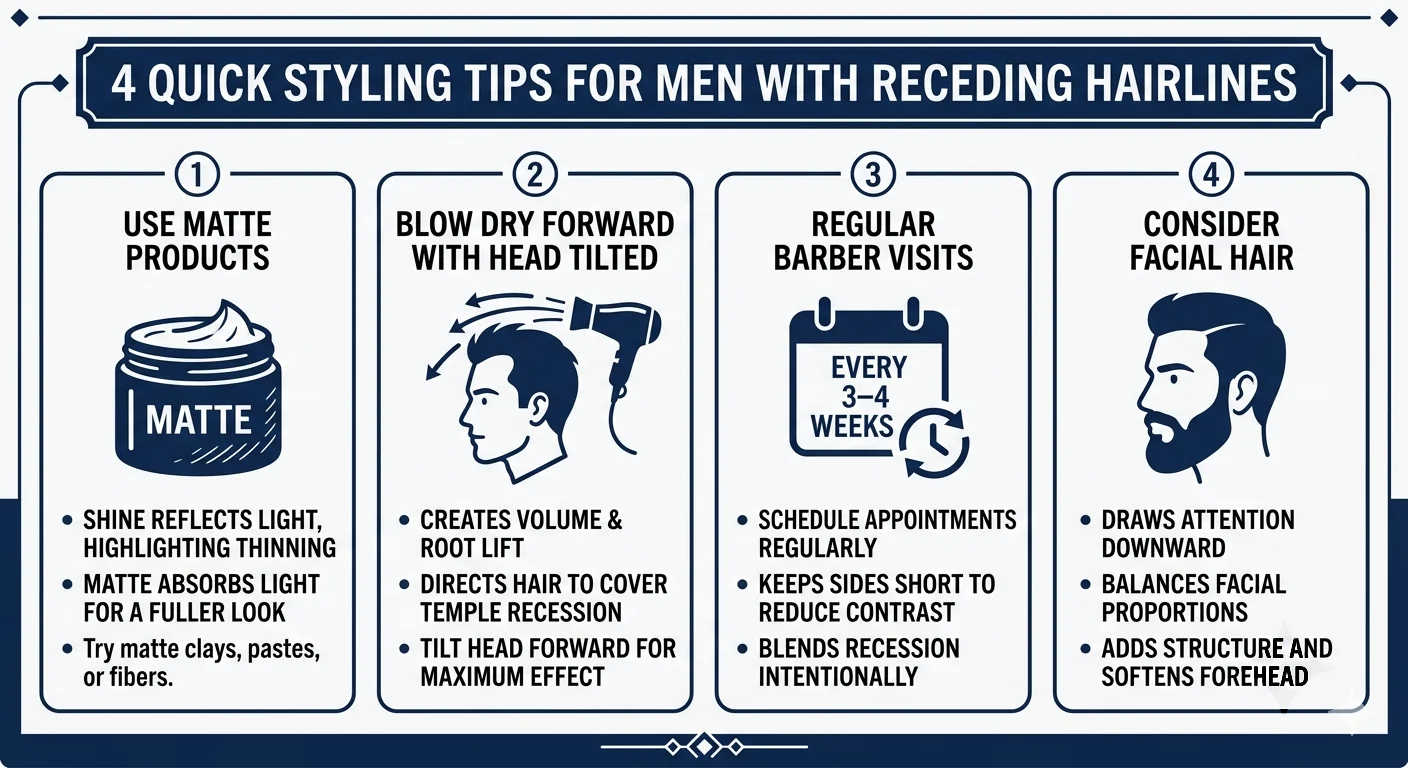 Clean infographic showing 4 quick styling tips for men with receding hairlines: (1) Use matte products icon, (2) Blow dry forward with head tilted icon, (3) Regular barber visits every 3–4 weeks calendar icon, (4) Consider facial hair icon. Navy blue and white colour scheme, simple icons, professional infographic layout, no photos.