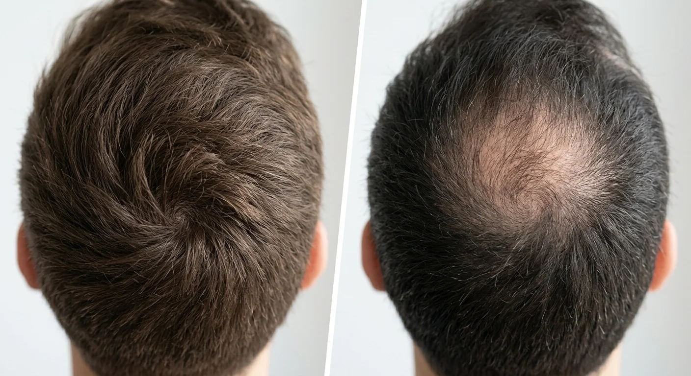 Top view of male head showing thinning crown area, circular pattern, comparison to normal density. Clean medical-style photography.