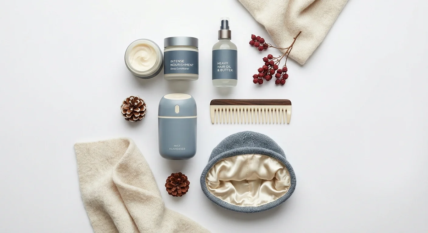 Winter seasonal hair care essentials — deep conditioner heavy oil humidifier and satin-lined hat flat lay