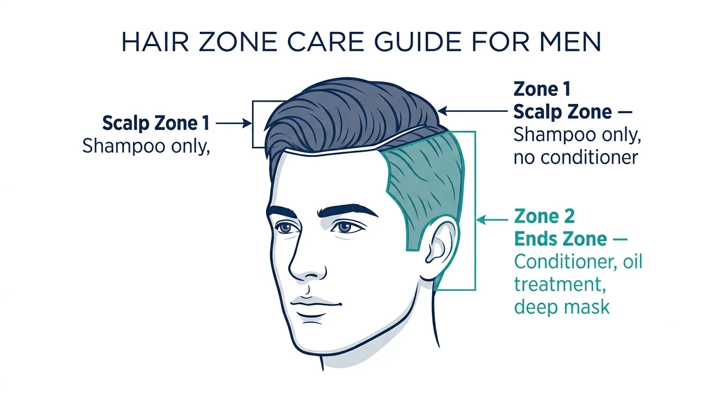 Clean instructional diagram of a man's head showing hair divided into two zones. Zone 1 (scalp/roots, top third) labelled 'Scalp Zone — Shampoo only, no conditioner'. Zone 2 (mid-lengths to ends, lower two-thirds) labelled 'Ends Zone — Conditioner, oil treatment, deep mask'. Simple illustration style, navy and teal colour coding, clear zone boundaries, white background.