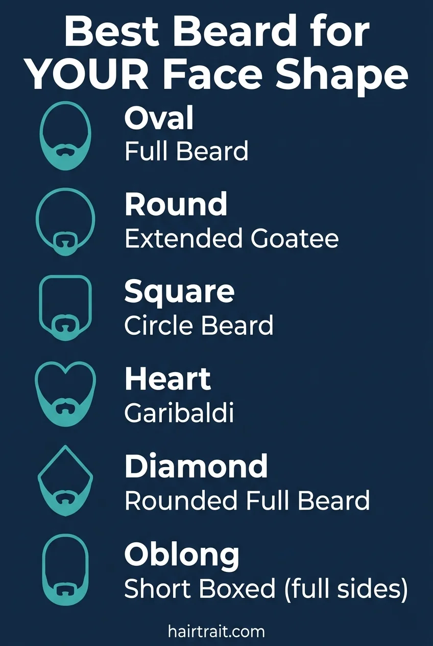 Pinterest pin — best beard styles for face shapes oval round square heart diamond guide