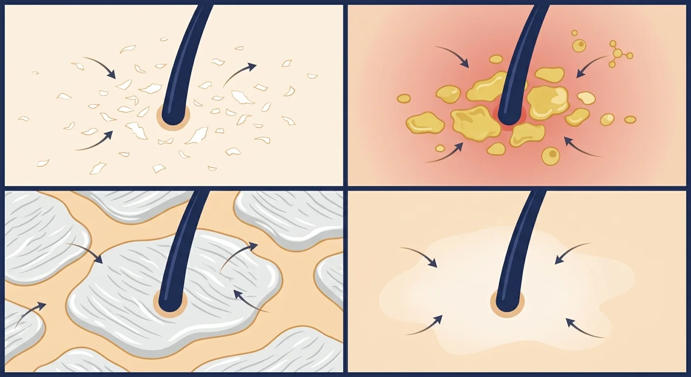 seborrheic dermatitis vs dandruff flake comparison showing dry white flakes beside greasy yellow scales